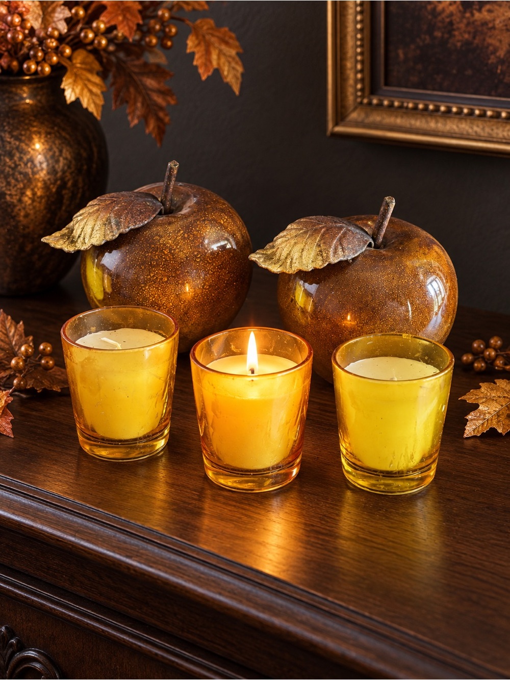 5-Piece Amber Gold Fall Halloween Décor Set – Apples & Votive Candles